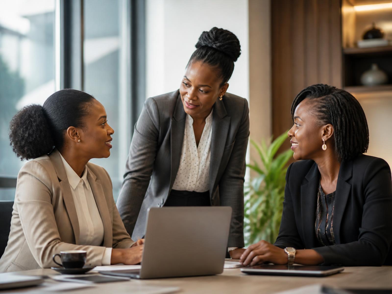 Three women leaders collaborating in a modern office